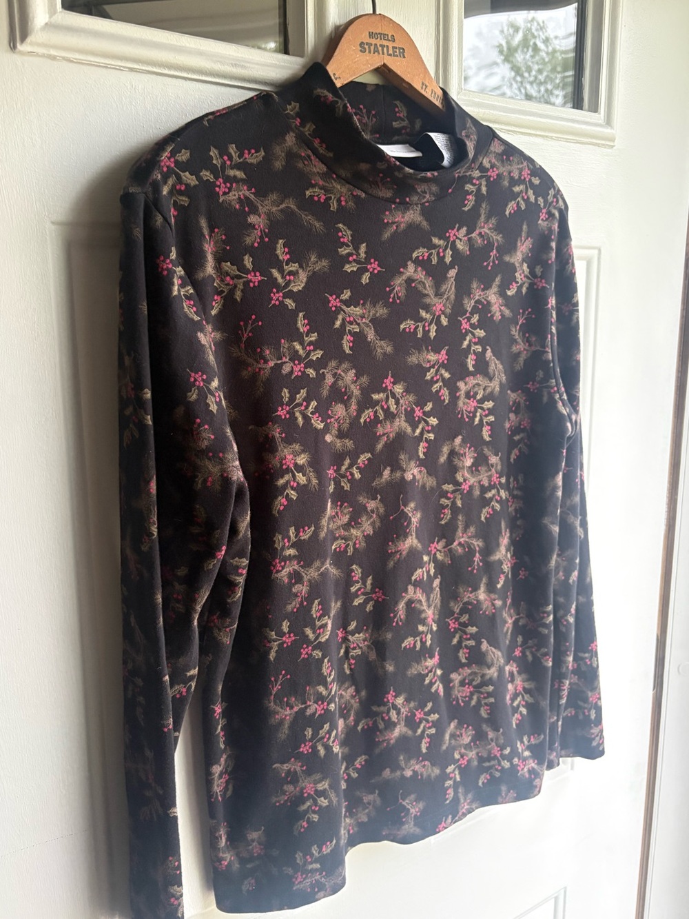 Croft & Barrow 100% Cotton Black Pink Green Floral Mock Neck Holiday Winter Top